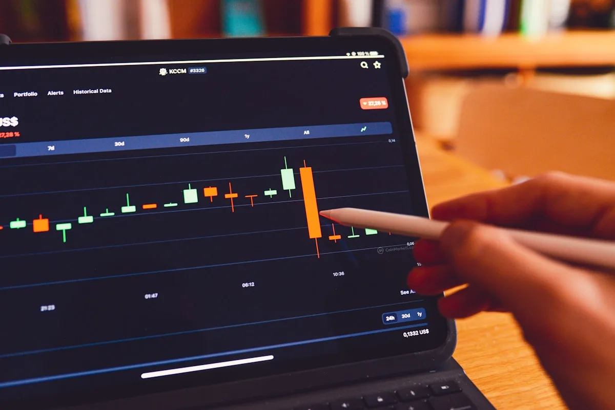 A hand using a stylus to point at a financial candlestick chart on a tablet screen